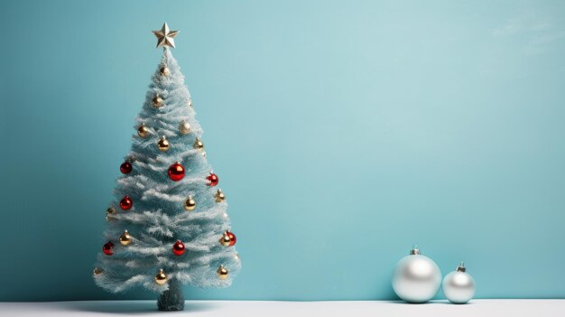 Fröhlicher Schneemann mit Weihnachtsbaum auf blauem Hintergrund und freiem Raum KI-Generation