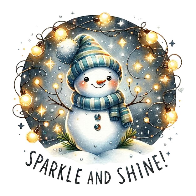 Fröhlicher Schneemann umgeben von Lichtern Sparkle und Shine Text