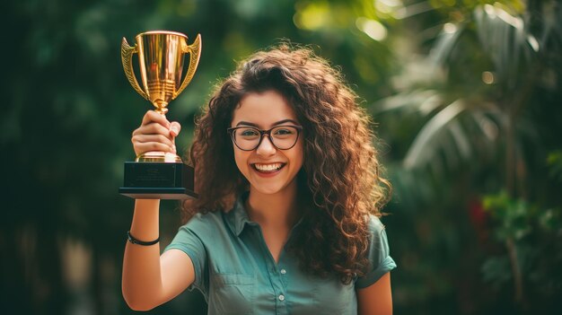 Fröhlicher Schüler zeigt eine gewonnenen Trophäe, die den akademischen Erfolg, die Entschlossenheit und die Freude symbolisiert