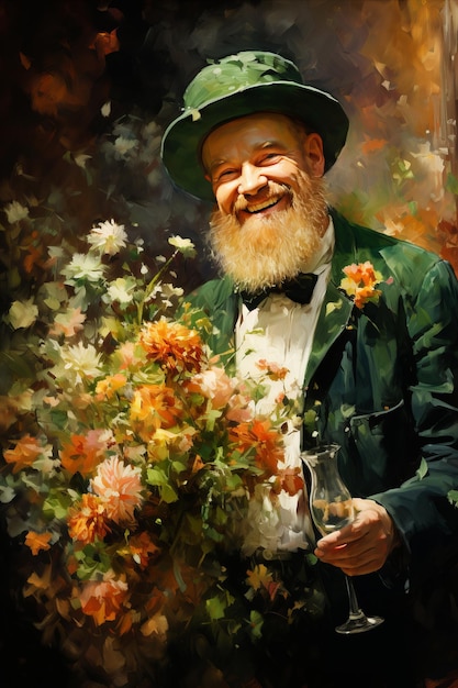 Fröhlicher St. Patrick mit rotem Bart, grünem Hut, Blumen und Getränken, festliche irische Feier