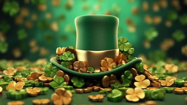 Fröhlicher St. Patricks Day-Schriftsatz mit Kleeblättern und grünem Hut. Generative KI