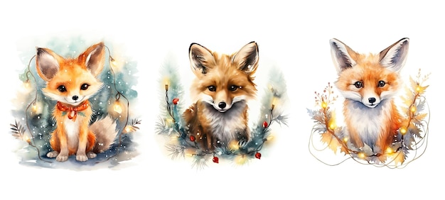 Fröhlicher süßer Fuchs in Weihnachtsbeleuchtung, Aquarell, AI-generiertes Design, Baum, Feiertag, Weihnachtsmann-Hintergrund, Tier, fröhlicher süßer Fuchs in Weihnachtsbeleuchtung, Aquarell-Illustration