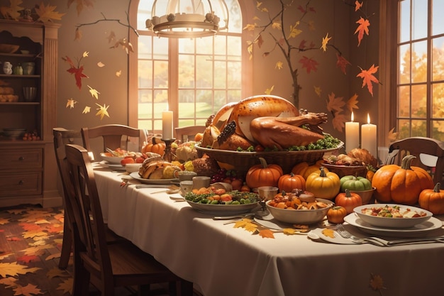 Fröhlicher Thanksgiving-Hintergrund mit Truthahnkürbis und typischen Thanksgiving-Gerichten, die von der KI generiert wurden