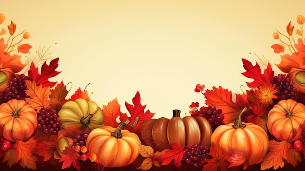 Fröhlicher Thanksgiving-Text mit Kürbissen und Blättern, Ai Generated