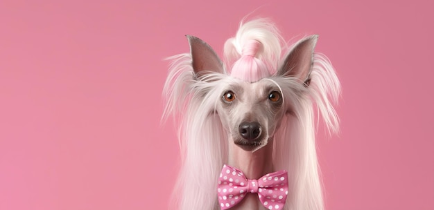 Fröhlicher und fröhlicher Hund mit langen Haaren und Dekorationen auf rosa Hintergrund. Banner-Kopierraum