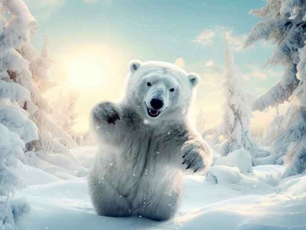 Fröhlicher und lustiger arktischer Bär im Winter