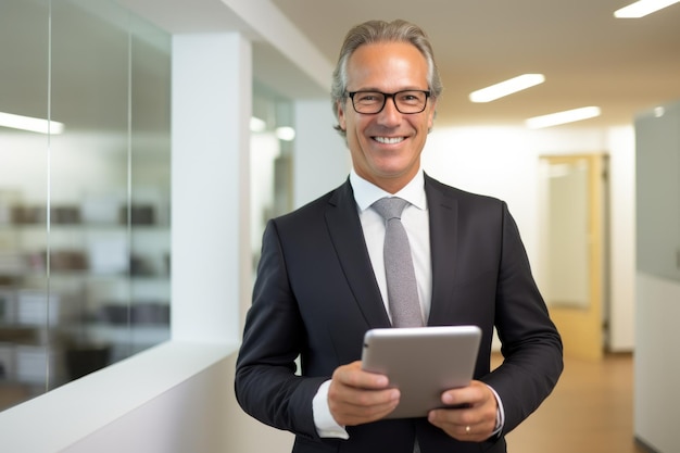 Fröhlicher und optimistischer Geschäftsmann hält Tablet im Büro, KI generiert