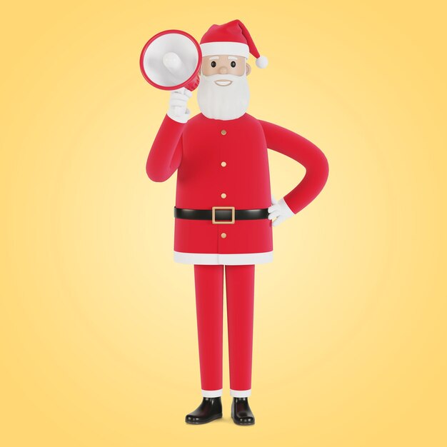 Fröhlicher Weihnachtsmann-Charakter mit Megaphon. Für Weihnachtskarten, Banner und Etiketten. 3D-Darstellung im Cartoon-Stil.