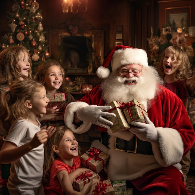 Fröhlicher Weihnachtsmann, der glücklichen Kindern in einem gemütlichen Zimmer in der Nähe eines schönen Weihnachtsbaums mit viel Spielzeug Geschenke macht