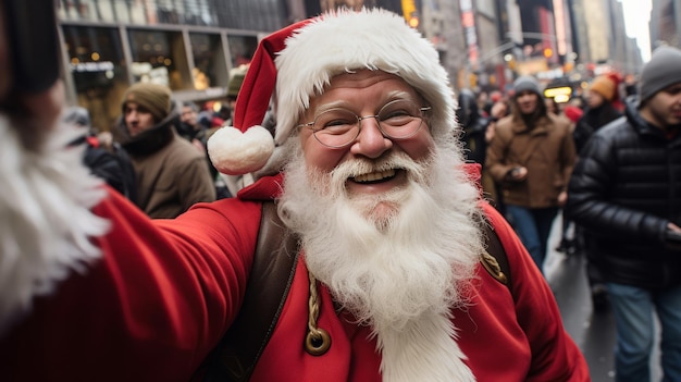 Fröhlicher Weihnachtsmann, der in der festlichen Jahreszeit ein Selfie in der belebten Stadtstraße macht