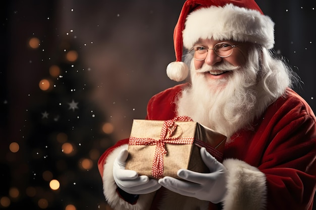 Fröhlicher Weihnachtsmann mit einem Geschenk in der Hand posiert vor einem Fest