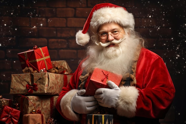 Fröhlicher Weihnachtsmann mit Geschenkkisten auf Weihnachtsgrund