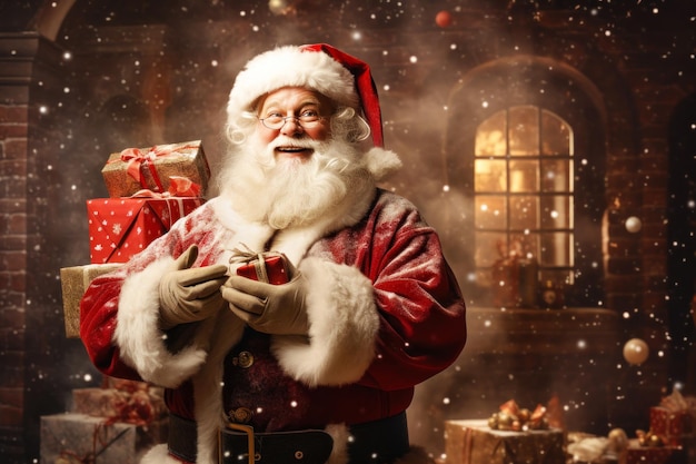 Fröhlicher Weihnachtsmann mit Geschenkkisten auf Weihnachtsgrund