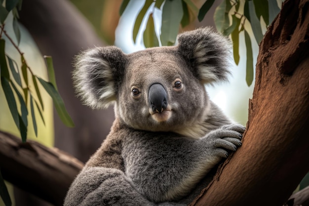 Fröhlicher, zufriedener Coala, der in einem Baum sitzt und es sich leicht nimmt