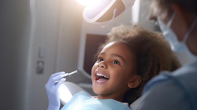 Fröhliches afrikanisches Kind, das glücklich auf dem Zahnarztstuhl sitzt, nachdem es den Zahn der Kinder beim Zahnarzt repariert hat