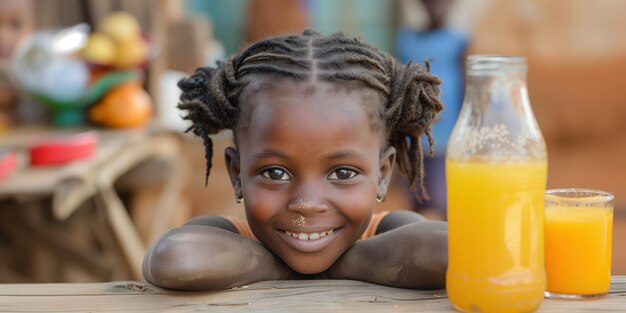 Fröhliches afrikanisches Mädchen mit einem strahlenden Lächeln, das sich mit einer Flasche Orangensaft auf einen Holztisch lehnt