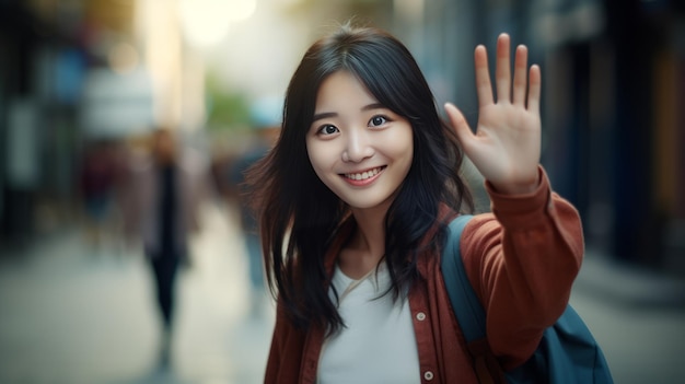 Fröhliches asiatisches Mädchen verabschiedet sich von jemandem, winkt einem Freund zu und geht mit dem Smartphone auf der Straße