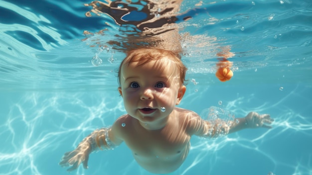 Fröhliches Baby, das im Schwimmbad spielt. KI-generiert