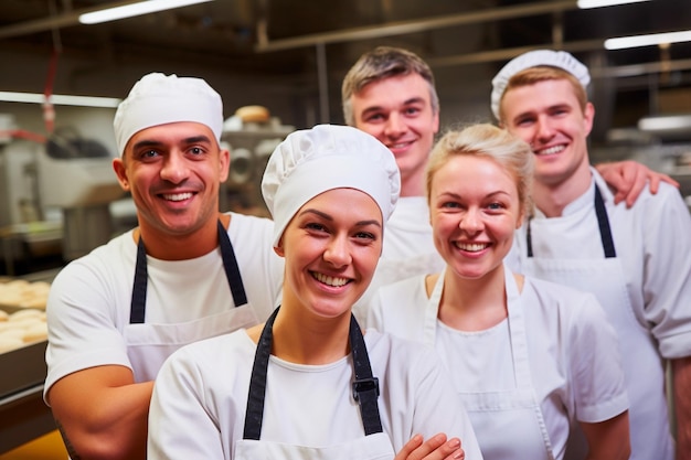 Fröhliches Bäckerteam mit Lehrlingen in Ausbildung