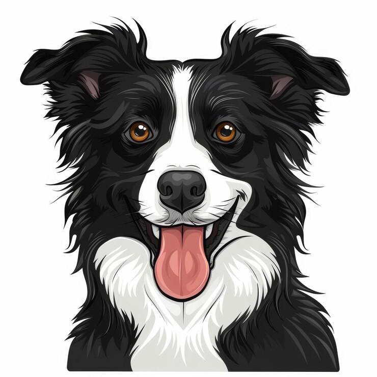 Foto fröhliches border collie-cartoonporträt in nahaufnahme vorne auf weißem hintergrund