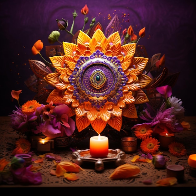 Fröhliches Diwali-Design mit Blumen und hellen Kerzen auf violettem Hintergrund