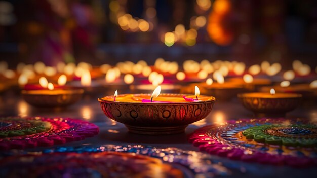 Fröhliches Diwali-Design mit Diya-Öllampenelementen auf violettem Rangoli-Hintergrund, funkelnder Bokeh-Effekt