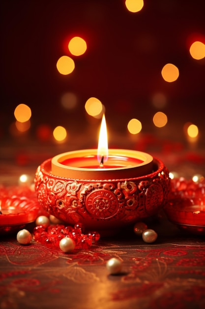 Fröhliches Diwali-Design mit hellen Kerzen und rotem Hintergrund