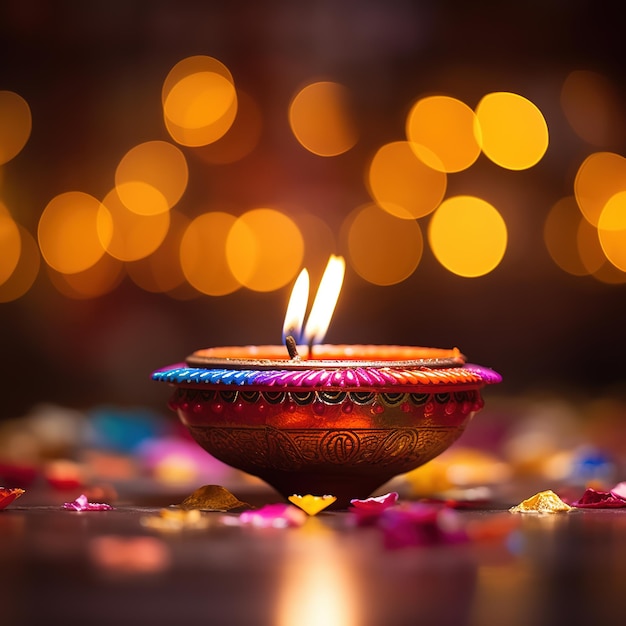 Fröhliches Diwali-Design mit realistischer Diya oder Öllampe auf funkelndem Bokeh-Hintergrund. Generative KI