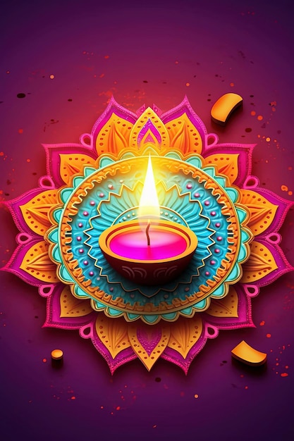 Fröhliches Diwali-Fest der Lichter, bunter Hintergrund mit dekorativer Diya-Lampe und Rangoli