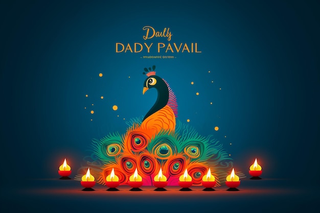 Fröhliches Diwali-Poster mit Diya-Lampe und Pfau