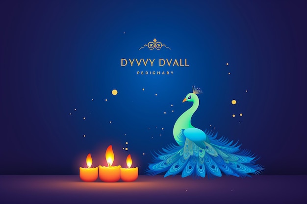 Fröhliches Diwali-Poster mit Diya-Lampe und Pfau