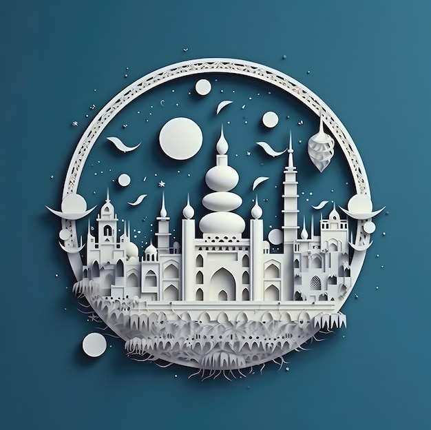 Fröhliches Eid Al Adha mit Mondsternen im Hintergrund einer Moschee