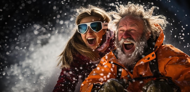 Fröhliches Familienpaar im Skigebiet, extreme Art von Urlaub