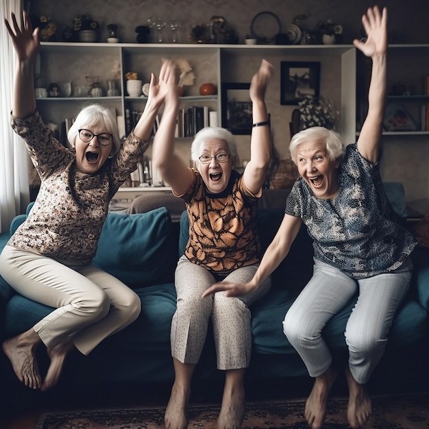 Foto fröhliches fernsehen und aufgeregte ältere frauen, freunde, alte leute schreien, feiern, jubeln, unterhaltung