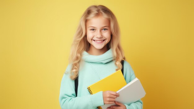 Fröhliches, glückliches junges kleines Schulmädchen, das Bücher in der Hand hält, lächelt und vor einem isolierten blauen Hintergrund steht. Erstellt mit generativer KI-Technologie