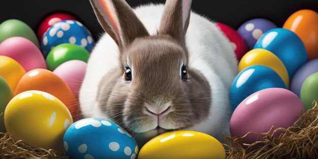 Fröhliches Häschen mit Ostereiern Bunte Osterfeiertagsfeier