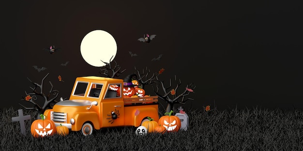 Fröhliches Halloween-Banner mit Jack O Lantern-Kürbissen und Halloween-Truck auf dem Friedhof