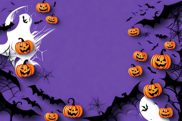 Fröhliches Halloween-Banner mit Kopierraum und Kürbissen, Fledermäusen in lila und schwarzer Farbe