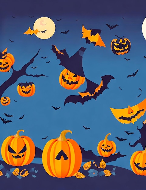 Fröhliches Halloween-Banner oder Party-Einladungshintergrund, violette Nebelwolken und Kürbisse, generiert von KI