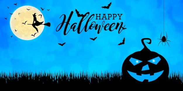 Fröhliches Halloween Blaues Halloween-Banner mit Kürbisspinne und Fledermäusen