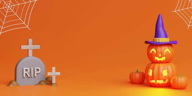 Fröhliches Halloween-Konzept Kürbisfigur mit Hexe auf orangefarbenem Hintergrund mit Copyspace 3D-Rendering-Illustration