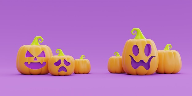 Fröhliches Halloween mit JackoLantern-Kürbisfigur auf violettem Hintergrund traditionelle Oktoberferien 3D-Darstellung