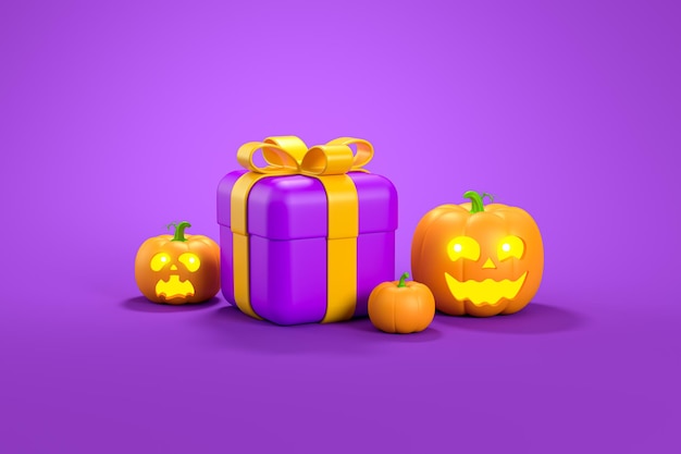 Fröhliches Halloween mit JackoLantern-Kürbissen und Geschenkbox auf violettem Hintergrund