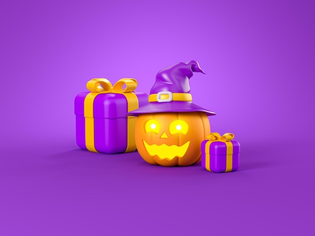 Fröhliches Halloween mit JackoLantern-Kürbissen und Geschenkboxen auf lila Hintergrund