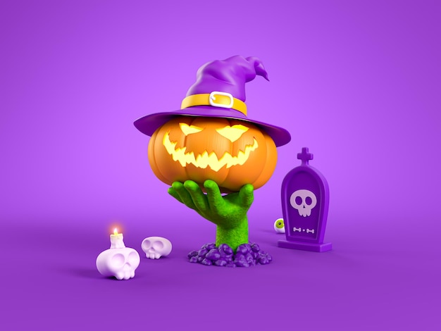 Fröhliches Halloween mit Kürbisfigur auf Zombiehand auf violettem Hintergrund mit Grab und Totenkopf