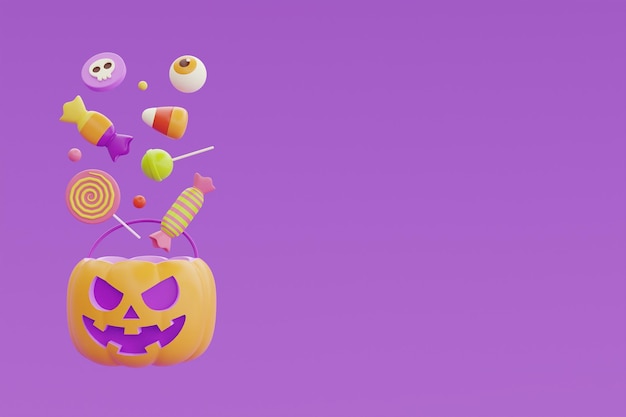 Fröhliches Halloween mit Kürbiskorb voller bunter Bonbons und Süßigkeiten, die auf violettem Hintergrund schwimmen traditionelle Oktoberferien 3D-Darstellung