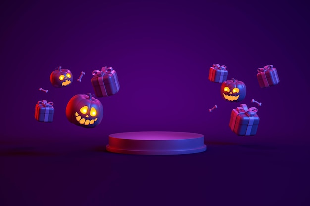 Fröhliches Halloween mit Podiumsanzeige und JackoLantern-Kürbissen und Geschenkboxen auf dunklem Hintergrund