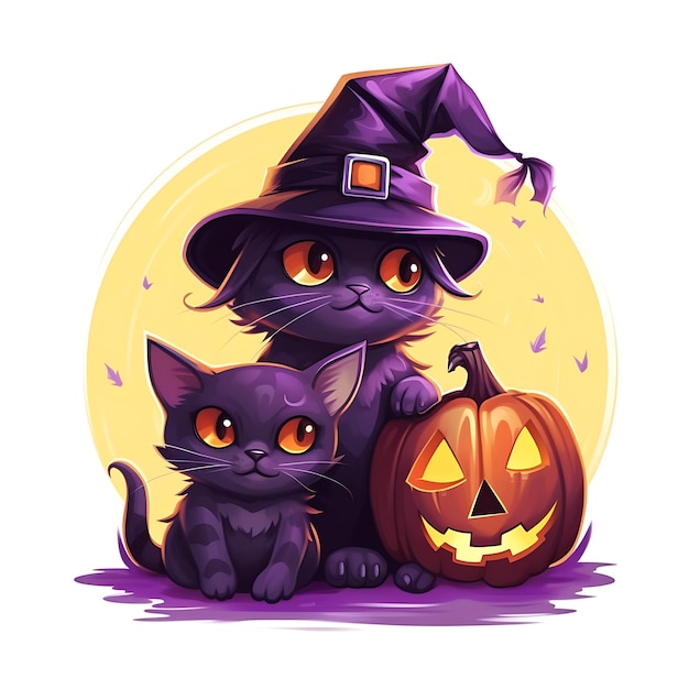 Foto fröhliches halloween, niedliche cartoon-katze, kürbis-halloween-clipart, isolierter einfacher halloween-hintergrund