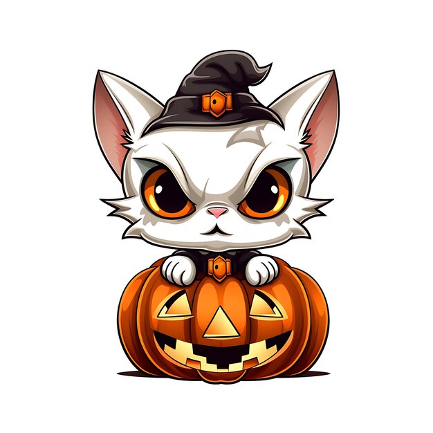 Foto fröhliches halloween, niedliche cartoon-katze, kürbis-halloween-clipart, isolierter einfacher halloween-hintergrund