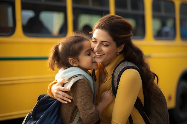 Fröhliches indisches Schulmädchen oder Schuljunge in Uniform, der vor einem gelben Schulbus steht